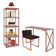 Imagem de Kit Escritório Bex 1 Cadeira Suede Marrom com 1 Mesa e 1 Livreiro Ferro Bronze MDF Rose Rosa - Ahazzo Móveis