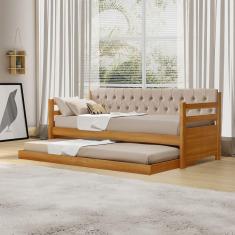Imagem de Bicama Solteiro Verona Imbuia Estofado Capitonê Veludo Bege Com Cama Auxiliar + 2 Kit