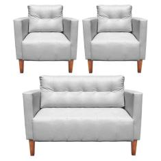 Imagem de Kit 1 Sofá Namoradeira E 2 Poltronas Livia Corino Pés Chanfrado Castanho D`rossi Cor Branco