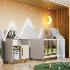 Imagem de Quarto de Bebê 100% MDF Berço Minicama com Colchão e Cômoda Flocos Off White/Ypê