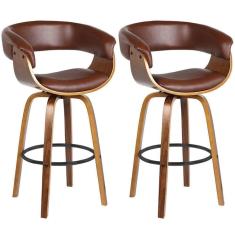 Imagem de Kit 2 Banquetas Giratória Alta Com Encosto Base Madeira Ravi R02 Pu Marrom - Mpozenato