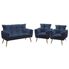 Imagem de Kit Poltrona Namoradeira e 2 Poltronas Decorativas Estofada Opala Sued  Marinho Aradecor