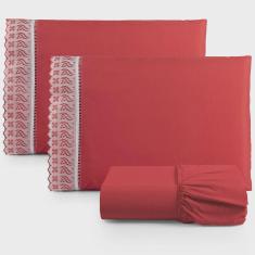 Imagem de Jogo de Lençol Casal 3 Peças Basic Percal 180 Fios Lese Bordado Inglês - Vermelho