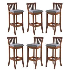 Imagem de Kit 6 Banquetas Alta Estofada Anthurium 36 x 100 Cm Madeira Maciça Imbuia Linho Cinza L55 - RMI