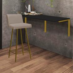 Imagem de Kit Mesa Suspensa de Parede Fixa MDF Preto + 1 Banqueta Lexi Ferro Dourado Suede Bege - Ahazzo Móveis