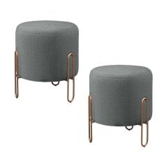 Imagem de Conjunto - 2 Puffs Banqueta Mali Luxo Base Metálica Bronze Linho Cinza