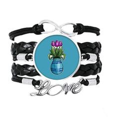 Imagem de OFFbb-USA Pulseira simples de flores em vaso roxo acessório amor corda de couro torcido presente