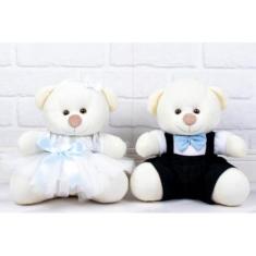 Imagem de Casal Ursos Tedde Pajem Preto, Daminha Branca - Pelúcia Palha 18 cm (Pajem Preto, Daminha Branca, detalhes azul claro - Pelúcia Palha)