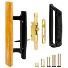 Imagem de TPard Maçaneta de porta de vidro deslizante para pátio com trava de encaixe de 45°, puxadores internos de madeira de carvalho sem chave e puxador externo de zinco fundido, 3-15/40.6 cm H.C., sem mão,