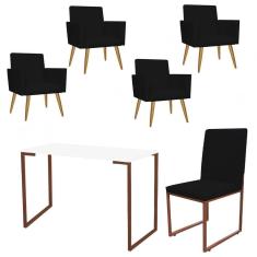 Imagem de Kit Escritório Stan 4 Poltronas com Cadeira e Mesa Industrial Tampo Branco Bronze Tecido Sintético Preto - Ahz Móveis