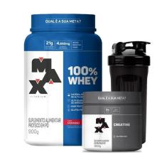 Imagem de Combo 100% Whey 900g , Creatina Monohidratada 300g e Coqueteleira Preta 700mL - Max Titanium-Unissex
