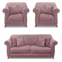 Imagem de Kit 2 Poltronas e Sofá Living 2 Lugares 1,60m Vênus Veludo Pés Castanh