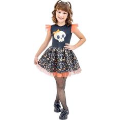 Imagem de Fantasia Vestido Infantil Halloween Caveirinha Festa Cosplay