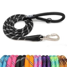 Imagem de ZALER Coleira de corda para cães, 1,9 m, refletiva, com mosquetão, guia resistente para cães grandes e médios (1,8 m, preto)