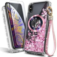Imagem de NGB Supremacy Capa magnética projetada para iPhone Xs Max compatível com MagSafe, protetor de tela de vidro temperado/cordão de pulseira de diamante, capa fofa para meninas líquidas flutuantes com