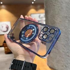 Imagem de Capa de telefone de carregamento sem fio de luxo para iPhone 11 12 13 14 Pro Max Plus Suporte de anel magnético Capa transparente, azul celeste, para iPhone 12Pro Max