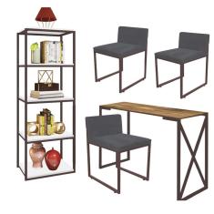 Imagem de Kit Escritório Bex 3 Cadeiras Sintético Cinza com 1 Mesa e 1 Livreiro Ferro Marrom MDF Imbuia - Ahazzo Móveis