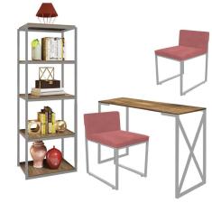 Imagem de Kit Escritório Bex 2 Cadeiras Suede Rose com 1 Mesa e 1 Livreiro Ferro Cinza MDF Caramelo - Ahazzo Móveis