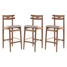 Imagem de Kit 3 Banquetas Alta Estofada França 46 x 106 Cm Madeira Maciça Mel Facto Impermeável Pérola - RMI