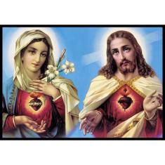 Imagem de Quadro Sagrado Coração de Jesus e Maria 42x60cm Tecido Canvas com Moldura