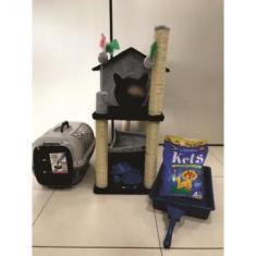Imagem de Arranhador Kit Para Gato Casa Com Rede Cinza - Dodytoy Brinquedos Para