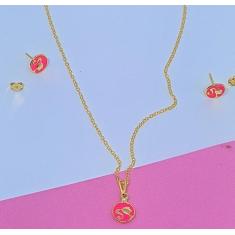 Imagem de Kit Conjunto Colar E Brincos Infantil Barbie Girl Rosa Pink Folheado O