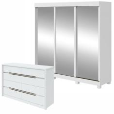 Imagem de Conjunto de Guarda-Roupa 3 Portas 3 Gavetas Saion Plus Super Glass com Pés e Cômoda Urban 8 Gavetas Branco