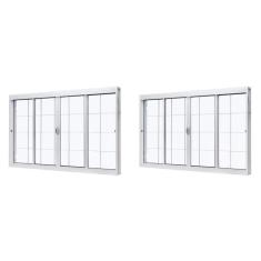 Imagem de Kit com 2 Janelas de Aço de Correr Central 100x150cm 4 Folhascom Grade Quadriculada e Vidro Liso Branco