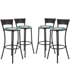 Imagem de Kit Com 4 Banquetas Altas Forts Fibra Uv Bancada, área Goumert, Bar, Piscina, Balcão, Floral Azul