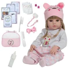 Imagem de Boneca Bebê Reborn Loira Linda Enxoval Completo 20 Itens - Cegonha Reb