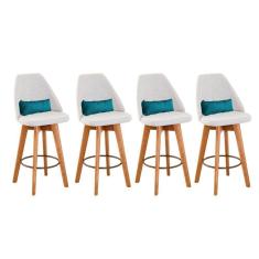 Imagem de Kit 04 Banquetas Alta Maya Giratória Com Encosto Linho Bege Claro e Almofada Suede Azul Turquesa - Aurora Line