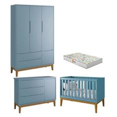 Imagem de Quarto De Bebê 3 Portas New Classic Azul Com Pés Madeira E Colchão Gazin - Reller