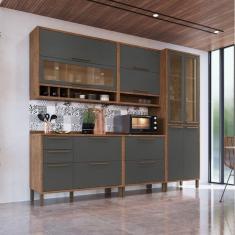 Imagem de Armário de Cozinha Completo 5 Peças 100% MDF 11 Portas com Vidros Reflecta Helena Espresso Móveis Castanho/Cinza