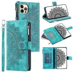 Imagem de Capa carteira compatível com iPhone 12 Pro de 6,1 polegadas com compartimento para cartão, capa de couro com zíper, capa flip com fecho magnético capa de couro floral em relevo com alça transversal