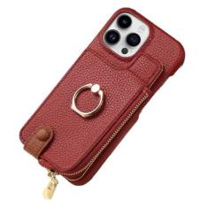 Imagem de Carteira de couro com zíper com porta-cartão capa de telefone para iPhone 13 12 Mini 15 14 11 Pro Max XS XR X 7 8 Plus Ring Kickstand Cover, vermelha, para iPhone 11Pro Max
