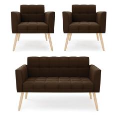 Imagem de Kit 1 Sofá Namoradeira E 2 Poltronas Elisa Suede Marrom Pés Palito Natural - D`rossi