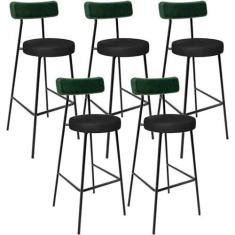 Imagem de Kit 05 Banquetas Alta Bar Cozinha Sala De Jantar Milão L02 Facto Verde Couríssimo Preto - Lyam Decor