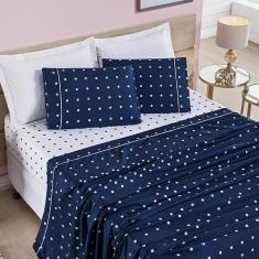 Imagem de Jogo de Cama Lençol Celine Casal Padrão 04 Peças Micropercal 200 Fios Bolinhas - Azul Marinho