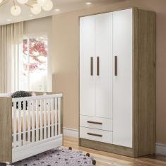Imagem de Guarda Roupa De Bebê 3 Portas 2 Gavetas Qmovi Carvalho Rústico/Branco