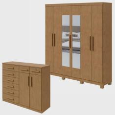 Imagem de Conjunto de Guarda-roupa 6 Portas com Espelho e Pés Jazz e Cômoda Toronto