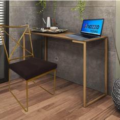 Imagem de Kit Escritório Clark Cadeira e Mesa Industrial Ferro Dourado Tampo MDF Rústico Sintético Marrom - Ahz Móveis