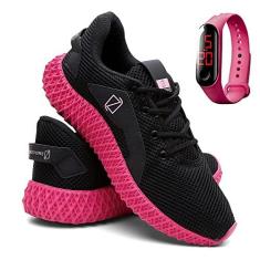 Imagem de Tênis Feminino de Academia e Corrida Leve e Confortável + Relógio - Preto/Rosa - 39