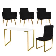 Imagem de Kit Escritório Stan 3 Poltronas Rodapé com Cadeira e Mesa Industrial Branco Dourado Suede Preto - Ahz Móveis