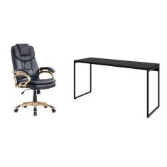 Imagem de conjunto de mesa studio 150 cm com cadeira de escritório presidente giratória com relax clark preta e dourada