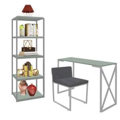 Imagem de Kit Escritório Bex 1 Cadeira Suede Cinza com 1 Mesa e 1 Livreiro Ferro Cinza MDF Verde Oliva - Ahazzo Móveis