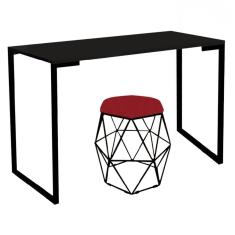 Imagem de Mesa Ley Industrial Escritório e Home Office com Puff Luna Suede Vermelho Preto Tampo Preto - Ahz Móveis