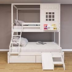 Imagem de Beliche Casinha Reta Casal/ Solteiro com 02 Gavetas e Escorregador Madeira Maciça Branco Housin