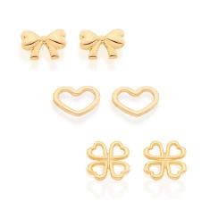 Imagem de Kit Rommanel Banhado Ouro Brincos Coração Laço E Trevo De Quatro Folhas