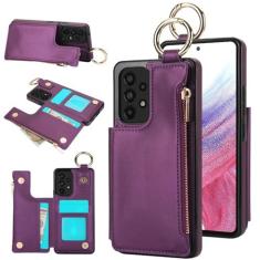 Imagem de Capa carteira para Samsung Galaxy A72 5G, 3 compartimentos para cartão, 1 bolso com zíper, suporte de fecho magnético com suporte de anel à prova de choque com bloqueio de RFID para Samsung A72 5G