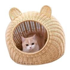 Imagem de Cama de Gato, Casa de Gato Lavável, Tecida à Mão, Respirável, Confortável, Fofa, Orelha de Gato para Animais de Estimação para Cães Pequenos para Interior (Bege)